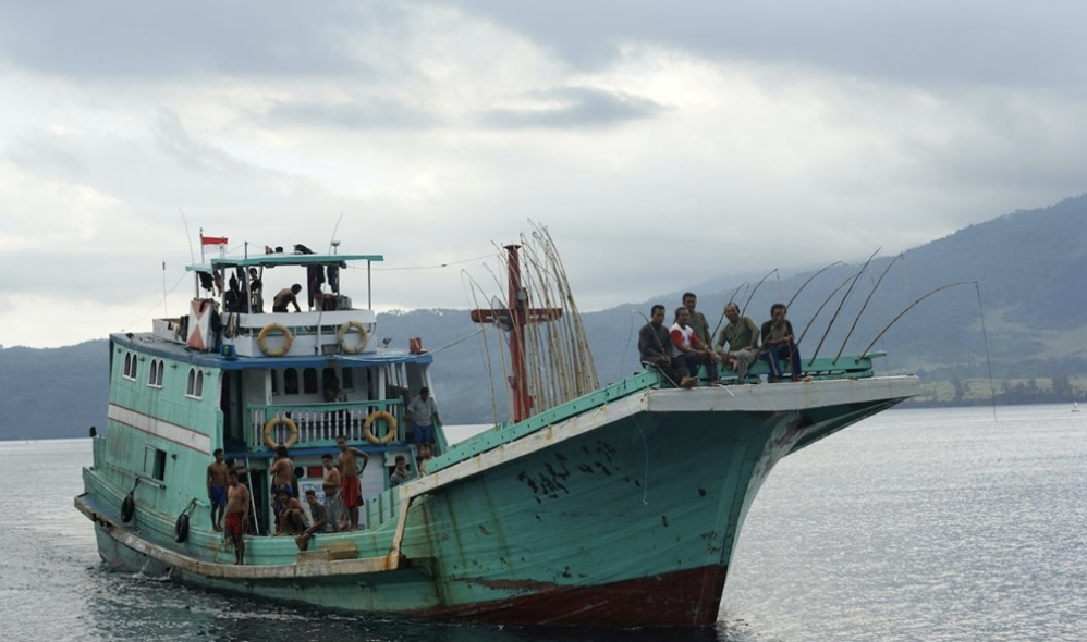 Pole and line fishers on an Indonesia pole and line fishing vessel