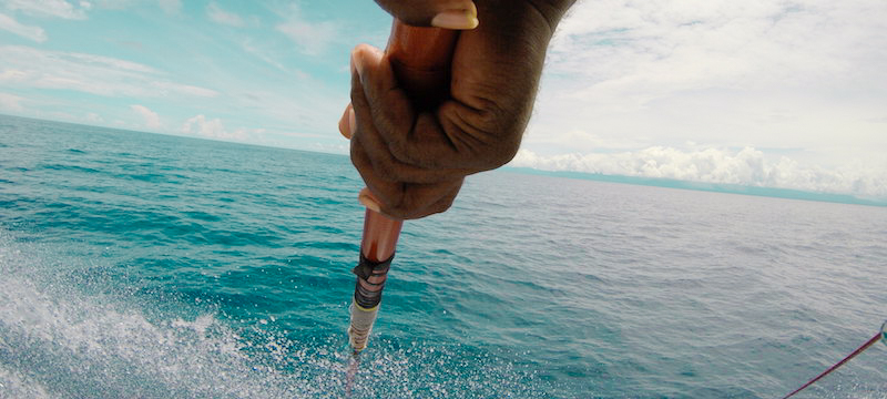 Hands gripping the pole of a pole-and-line gear, during a fishing event.